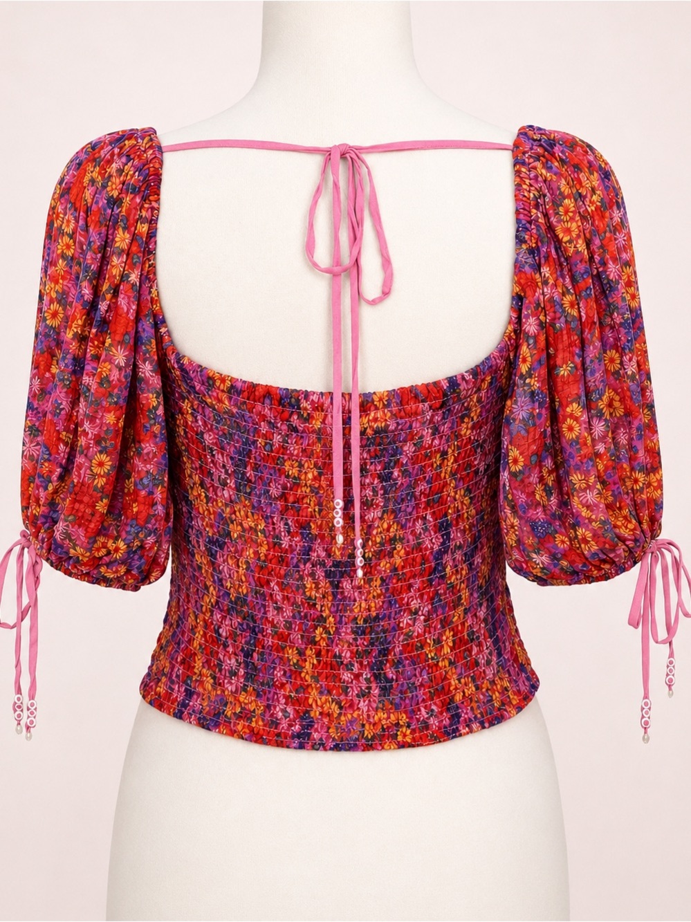 Free People Back On Top Floral Smocked Puff Sleeve Crop Blouse NWT L - Picture 6 of 6